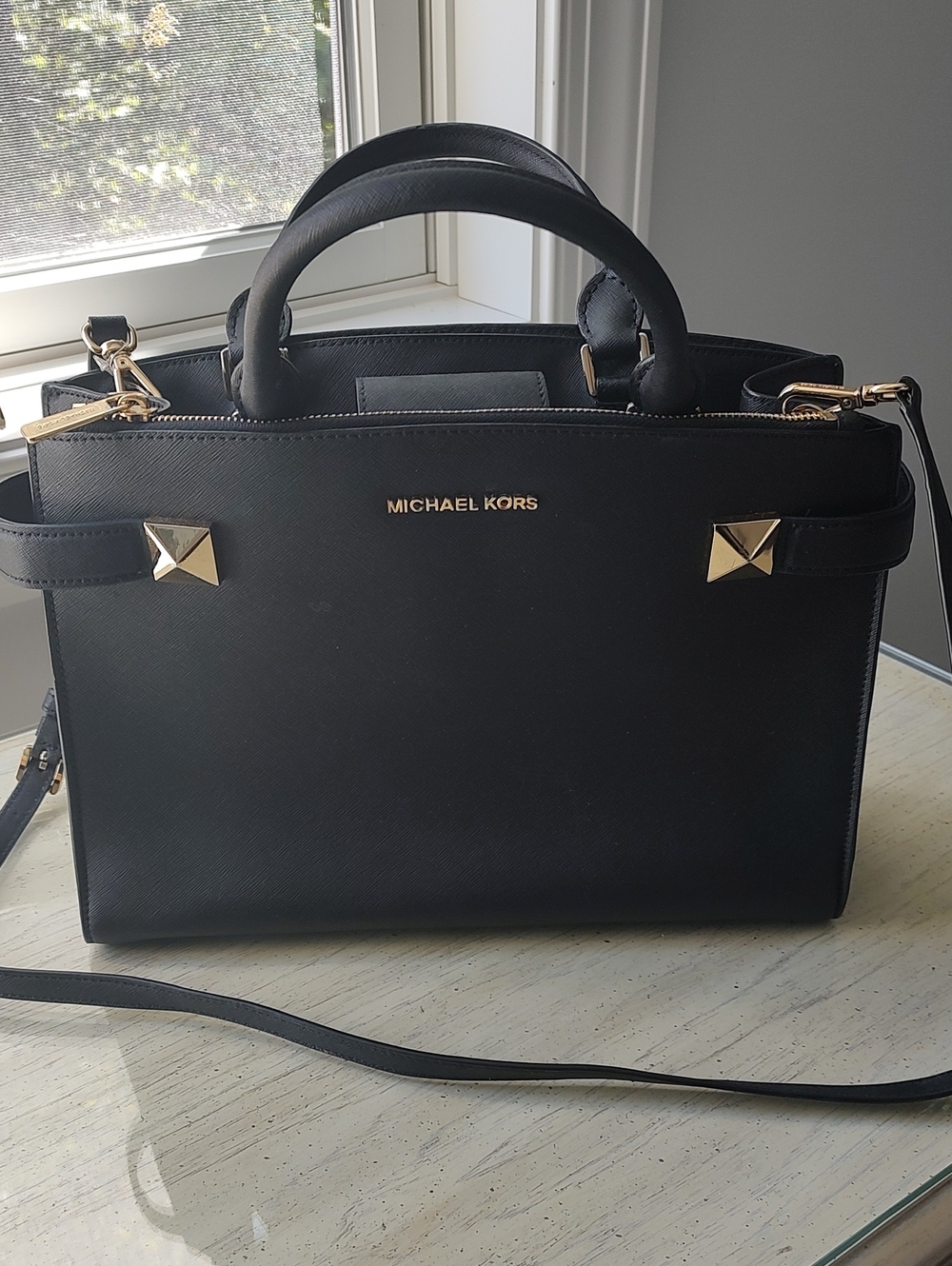 Michael Kors Black Leather Satchel with Gold Hardware